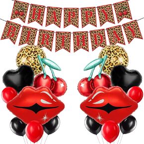 Cheetah and Cherry Birthday Decorations, Banner with Black Red Balloons, Cherry, Red Lips, Leopard Print and Black Heart Foil Balloons, Birthday Party Decor Sulpplies for Girls Women in Saudi Arabia