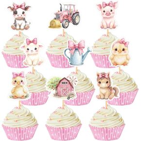 36 Pcs Pink Floral Farm Animal Cupcake Toppers Pink Cute Farm Animal Birthday Cupcake Toppers Picks Bulk for Birthday Theme Baby Shower Barnyard Party Supplies in Kuwait