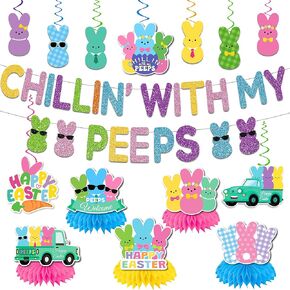 ديكورات حفلات عيد الفصح، بريق تشيلين مع دوامات راية بيبس، ديكورات بيبس قطع مركزية على شكل قرص العسل، لافتة عيد الفصح الملونة على شكل أرنب لمكتب الفصل الدراسي والمنزل والربيع ومستلزمات حفلات عيد الفصح in Kuwait