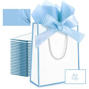 Ethhqu 12 Pack Small Gift Bags with Handles Include Tissue Papers & Cards, 9x7x3.15'' Thank You Gift Bags for Birthday, Baby Shower, Wedding, Bridesmaids, Anniversary (White and Blue) in Saudi Arabia