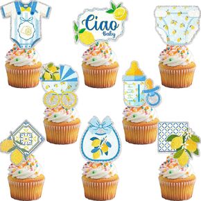 24Pcs Lemon Ciao Baby Shower Cupcake Toppers - Glitter Lemon Ciao Baby Shower Party Decorations for Birthday Italian Theme Cake Décor in Kuwait