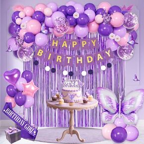 زينة عيد ميلاد أرجوانية للنساء، ستائر ذات أهداب لافتة عيد ميلاد سعيد، بالونات حمراء، أغطية الكعكة للفتيات in Kuwait