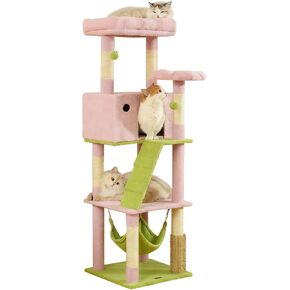 شجرة قطط زهور مقاس 65 بوصة من هوبيت للقطط الكبيرة، برج قط وردي مع شقة كبيرة جدًا، 2 مجثم، أرجوحة واسعة و6 أعمدة خدش سيزال للقطط الداخلية in Kuwait