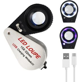 15X Jewelers Loupe with LED & UV Light - Rechargeable Pocket Loupe Magnifier with 22mm Triplet Lens Metal Construction, Illuminated Jewelry Loop Magnifying Glass for Jewelers, Watch Repair, Hobbyists in Kuwait