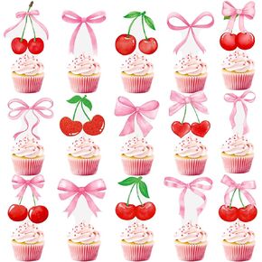 Cherry Bow Cupcake Toppers 48Pcs Pink Bow Cake Decorations Sweet Cherrties Cupcake Picks Summer Fruit Birthday Party Decorations for Girls Women Coquette Bachelorette Baby Shower Supplies in Kuwait