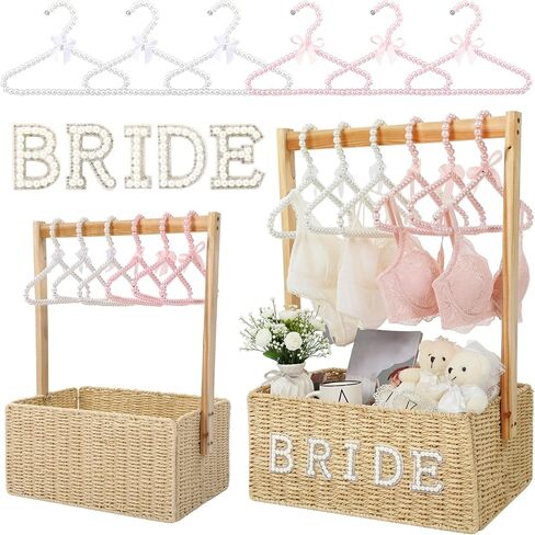 Hoolerry Rattan Bridal Gift Basket with 6 Pearl Hangers Bachelorette Party Bride Gift Basket Gifts for Wedding Box Closet for Women Just Married Engagement Wedding Stuff Presents Her Wifey Future Mrs in Saudi Arabia