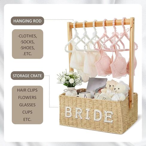 Hoolerry Rattan Bridal Gift Basket with 6 Pearl Hangers Bachelorette Party Bride Gift Basket Gifts for Wedding Box Closet for Women Just Married Engagement Wedding Stuff Presents Her Wifey Future Mrs in Saudi Arabia