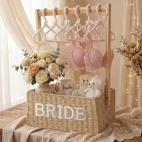 Hoolerry Rattan Bridal Gift Basket with 6 Pearl Hangers Bachelorette Party Bride Gift Basket Gifts for Wedding Box Closet for Women Just Married Engagement Wedding Stuff Presents Her Wifey Future Mrs in Saudi Arabia