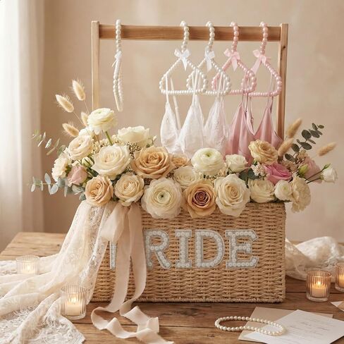 Hoolerry Rattan Bridal Gift Basket with 6 Pearl Hangers Bachelorette Party Bride Gift Basket Gifts for Wedding Box Closet for Women Just Married Engagement Wedding Stuff Presents Her Wifey Future Mrs in Saudi Arabia