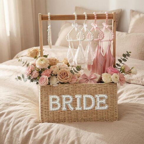 Hoolerry Rattan Bridal Gift Basket with 6 Pearl Hangers Bachelorette Party Bride Gift Basket Gifts for Wedding Box Closet for Women Just Married Engagement Wedding Stuff Presents Her Wifey Future Mrs in Saudi Arabia