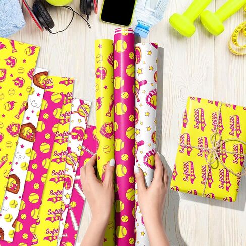 12 ورقة من ورق تغليف الكرة اللينة مع 6 تصميمات للكرات اللينة الحمراء والصفراء، والخفافيش، والقفازات، ونمط الجوائز، غلاف هدايا لأعياد الميلاد الرياضية، وحفلات استقبال المولود الجديد، وهدايا لمحبي الرياضة، والمشاريع الحرفية اليدوية، مقاس 20 بوصة × 27 بوصة in Kuwait