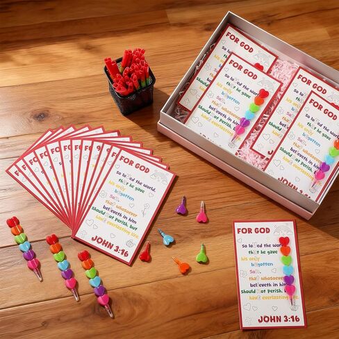 24 Set Religious Valentine's Day Gift Bible Card with Stackers Crayons Love Heart Shape Crystal Clear Tape for Kid Classmates Sunday School Gift Valentine Classroom Exchange Party Favor Vbs in Saudi Arabia