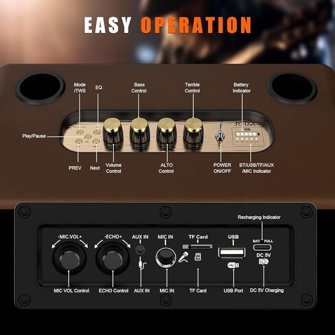 RHM K888 Karaoke Machine with Powerful & Clear Sounds, 2 Wireless Microphones & Echo/Treble/Bass Adjustment, 8000mAh Portable PA System Supports Bluetooth 5.0/AUX/USB for TV/Home/Party/Camping/Outdoor in Kuwait