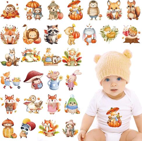 30 Sheets Fall Baby Iron on Transfers for Onesies, Cute Animal DTF Transfers Ready to Press Heat Transfers Vinyl, Iron on Decals for Baby Shower Bodysuit Bibs T-Shirts Clothes DIY Crafts in Saudi Arabia