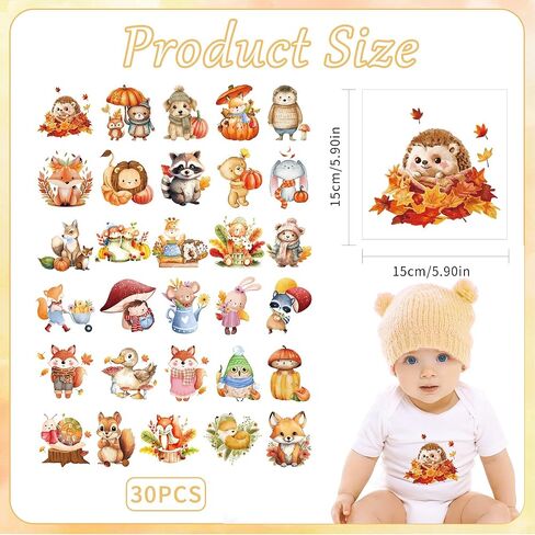 30 Sheets Fall Baby Iron on Transfers for Onesies, Cute Animal DTF Transfers Ready to Press Heat Transfers Vinyl, Iron on Decals for Baby Shower Bodysuit Bibs T-Shirts Clothes DIY Crafts in Saudi Arabia