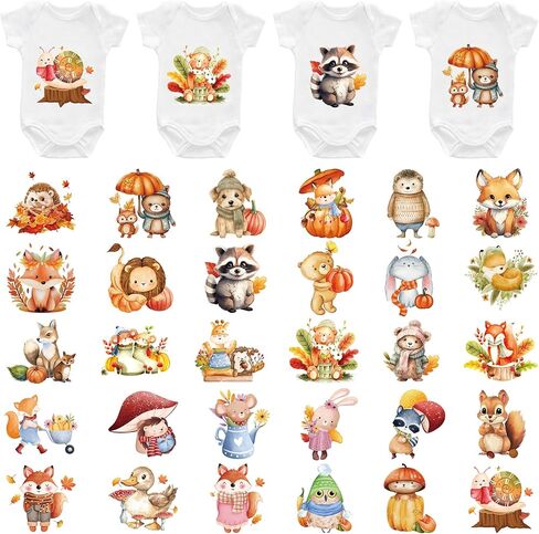 30 Sheets Fall Baby Iron on Transfers for Onesies, Cute Animal DTF Transfers Ready to Press Heat Transfers Vinyl, Iron on Decals for Baby Shower Bodysuit Bibs T-Shirts Clothes DIY Crafts in Saudi Arabia