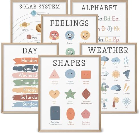 ملصقات تعليمية للأطفال الصغار من هاند إيزي، 6 قطع من فنون الحائط التعليمية غير المؤطرة مع غلاف مغلف، ديكور جداري فني بوهو مقاس 8 × 10 بوصة لغرفة لعب رياض الأطفال في مرحلة ما قبل المدرسة -HB03 in Kuwait