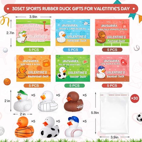 Deekin 30 Packs Valentines Gifts for Kids 2 Inches Sports Valentines Rubber Ducks Valentine's Day Exchange Gifts for Boys Girls School Classroom Prizes Cruise Ships Party Favors in Saudi Arabia