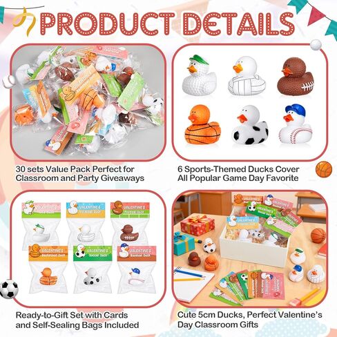 Deekin 30 Packs Valentines Gifts for Kids 2 Inches Sports Valentines Rubber Ducks Valentine's Day Exchange Gifts for Boys Girls School Classroom Prizes Cruise Ships Party Favors in Saudi Arabia