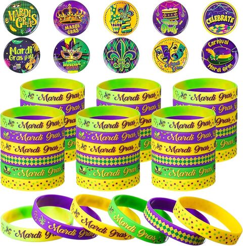 60 Pcs Mardi Gras Party Favors Includes 30 Mardi Gras Rubber Bracelets Silicone Wristbands and 30 Button Pins Badges for Carnival Birthday Party Supplies Decorations Goodie Bag Stuffers Fillers in Saudi Arabia