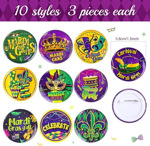 60 Pcs Mardi Gras Party Favors Includes 30 Mardi Gras Rubber Bracelets Silicone Wristbands and 30 Button Pins Badges for Carnival Birthday Party Supplies Decorations Goodie Bag Stuffers Fillers in Saudi Arabia