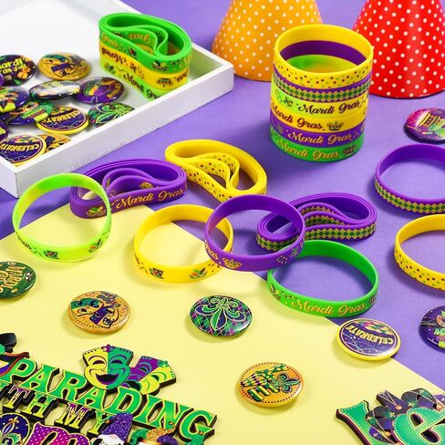 60 Pcs Mardi Gras Party Favors Includes 30 Mardi Gras Rubber Bracelets Silicone Wristbands and 30 Button Pins Badges for Carnival Birthday Party Supplies Decorations Goodie Bag Stuffers Fillers in Saudi Arabia