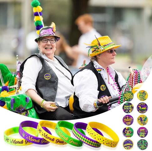 60 Pcs Mardi Gras Party Favors Includes 30 Mardi Gras Rubber Bracelets Silicone Wristbands and 30 Button Pins Badges for Carnival Birthday Party Supplies Decorations Goodie Bag Stuffers Fillers in Saudi Arabia
