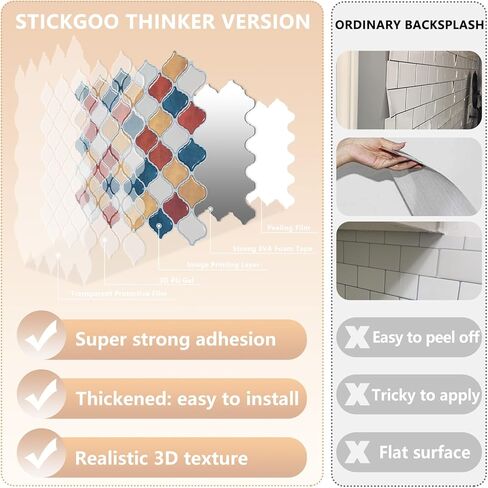 10 ورقات من بلاط أرابيسك من STICKGOO قابلة للتقشير واللصق باكسبلاش، بلاط حائط ذاتي اللصق مقاس 30.48 سم × 30.48 سم، عصا على باكسبلاش للمطبخ والحمام (عبوة من 10 قطع، تصميم أكثر سمكًا) in Kuwait