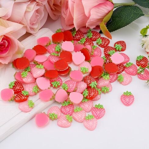120 Pcs Mini Tiny Miniature Resin Strawberry Bulk Charms, No Hole Flat Back Strawberry Charms Fruit Ornaments for DIY Toy Crafts Jewelry Making Scrapbooking Phone Case Embellishments Decor Decoration in Saudi Arabia