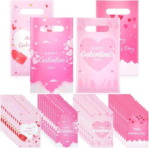 Gilprop 100 Pcs Galentines Day Gift Bags Pink Heart Plastic Treat Goodie Bags Bulk with Handle Valentine's Day Party Favors for Women Galentines Party Supplies Boutique Exchange Gifts in Saudi Arabia