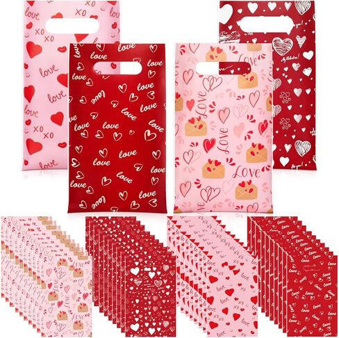Gilprop 100 Pcs Galentines Day Gift Bags Pink Heart Plastic Treat Goodie Bags Bulk with Handle Valentine's Day Party Favors for Women Galentines Party Supplies Boutique Exchange Gifts in Saudi Arabia