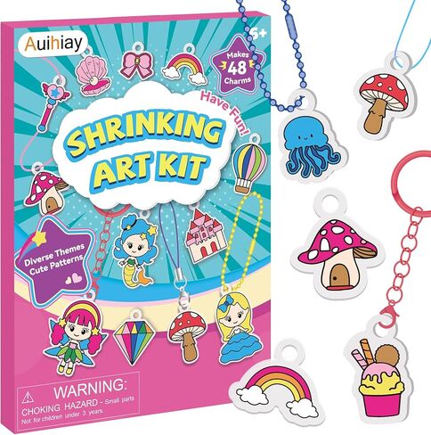 Auihiay DIY Shrinking Art Kit for Kids, 48Pcs Pre-Cut Charms, Unicorn, Princesses Shapes, No Mess Creative Activity Jewelry Making Shrinky Art Kit with Pencils, Keychains, and Cartoon Stickers in Saudi Arabia