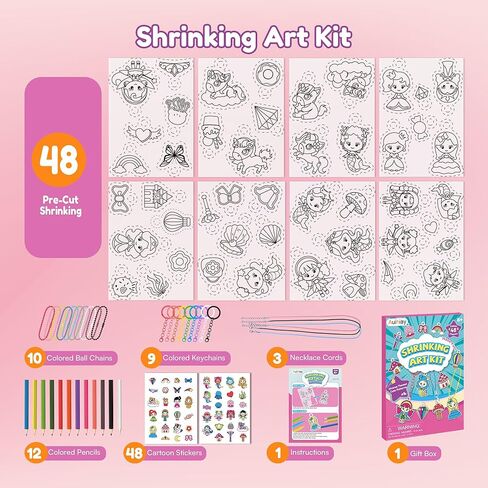 Auihiay DIY Shrinking Art Kit for Kids, 48Pcs Pre-Cut Charms, Unicorn, Princesses Shapes, No Mess Creative Activity Jewelry Making Shrinky Art Kit with Pencils, Keychains, and Cartoon Stickers in Saudi Arabia