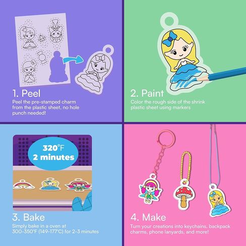 Auihiay DIY Shrinking Art Kit for Kids, 48Pcs Pre-Cut Charms, Unicorn, Princesses Shapes, No Mess Creative Activity Jewelry Making Shrinky Art Kit with Pencils, Keychains, and Cartoon Stickers in Saudi Arabia