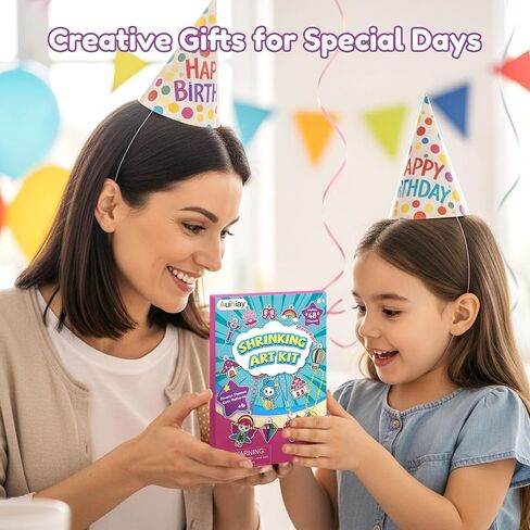 Auihiay DIY Shrinking Art Kit for Kids, 48Pcs Pre-Cut Charms, Unicorn, Princesses Shapes, No Mess Creative Activity Jewelry Making Shrinky Art Kit with Pencils, Keychains, and Cartoon Stickers in Saudi Arabia