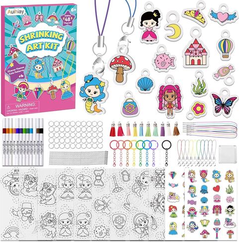 Auihiay DIY Shrinking Art Kit for Kids, 48Pcs Pre-Cut Charms, Unicorn, Princesses Shapes, No Mess Creative Activity Jewelry Making Shrinky Art Kit with Pencils, Keychains, and Cartoon Stickers in Saudi Arabia