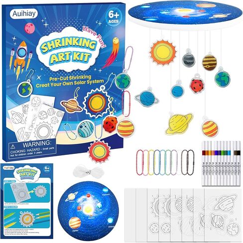 Auihiay DIY Shrinking Art Kit for Kids, 48Pcs Pre-Cut Charms, Unicorn, Princesses Shapes, No Mess Creative Activity Jewelry Making Shrinky Art Kit with Pencils, Keychains, and Cartoon Stickers in Saudi Arabia
