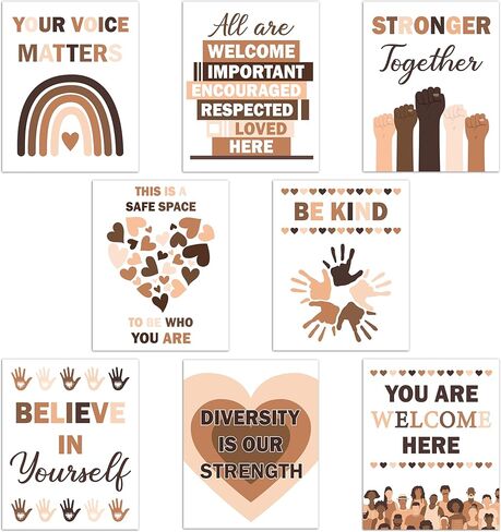 JewGewenil Diversity Growth Mindset Poster Set - 8Pcs Black History Month Neutral Equality Sign Multicultural Educational Posters for Classroom, 8" x 10" Motivational Inclusion Prints Decor for School in Saudi Arabia
