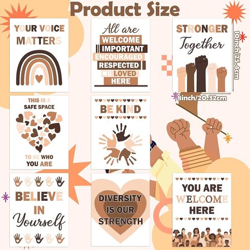 JewGewenil Diversity Growth Mindset Poster Set - 8Pcs Black History Month Neutral Equality Sign Multicultural Educational Posters for Classroom, 8" x 10" Motivational Inclusion Prints Decor for School in Saudi Arabia