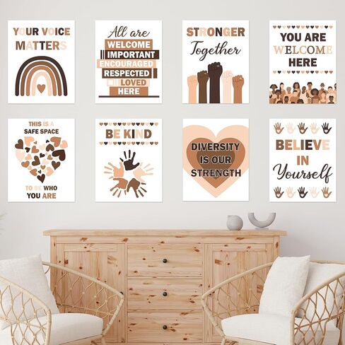 JewGewenil Diversity Growth Mindset Poster Set - 8Pcs Black History Month Neutral Equality Sign Multicultural Educational Posters for Classroom, 8" x 10" Motivational Inclusion Prints Decor for School in Saudi Arabia
