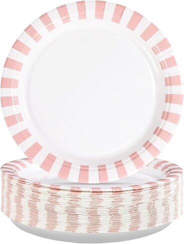 50Pcs Pink Striped Paper Plates 9" Heavy Duty Disposable Pink White Stripe Paper Platters Pastel Striped Carnival Dessert Plates for Birthday Bridal Baby Shower Wedding Lunch Dinner Party Decorations in Saudi Arabia