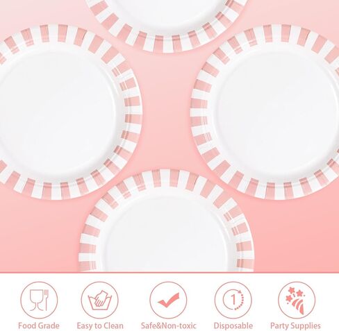 50Pcs Pink Striped Paper Plates 9" Heavy Duty Disposable Pink White Stripe Paper Platters Pastel Striped Carnival Dessert Plates for Birthday Bridal Baby Shower Wedding Lunch Dinner Party Decorations in Saudi Arabia