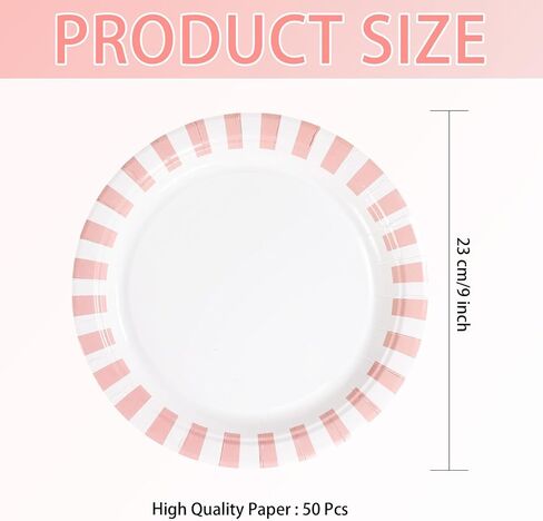 50Pcs Pink Striped Paper Plates 9" Heavy Duty Disposable Pink White Stripe Paper Platters Pastel Striped Carnival Dessert Plates for Birthday Bridal Baby Shower Wedding Lunch Dinner Party Decorations in Saudi Arabia