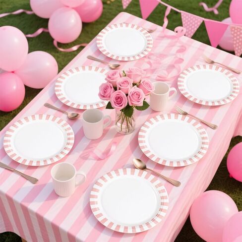 50Pcs Pink Striped Paper Plates 9" Heavy Duty Disposable Pink White Stripe Paper Platters Pastel Striped Carnival Dessert Plates for Birthday Bridal Baby Shower Wedding Lunch Dinner Party Decorations in Saudi Arabia