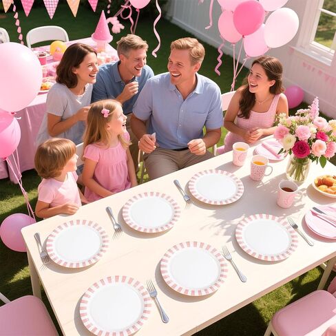 50Pcs Pink Striped Paper Plates 9" Heavy Duty Disposable Pink White Stripe Paper Platters Pastel Striped Carnival Dessert Plates for Birthday Bridal Baby Shower Wedding Lunch Dinner Party Decorations in Saudi Arabia