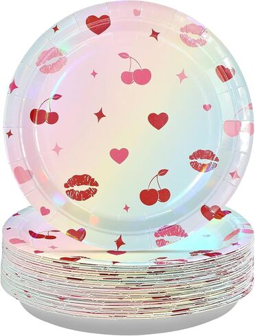 50 Pcs Valentine's Day Paper Plates 9" Heart Cherry Dessert Plates Disposable Red Pink Lucky in Love Party Supplies for Valentines Day Wedding Bachelorette Birthday Party Decorations in Saudi Arabia