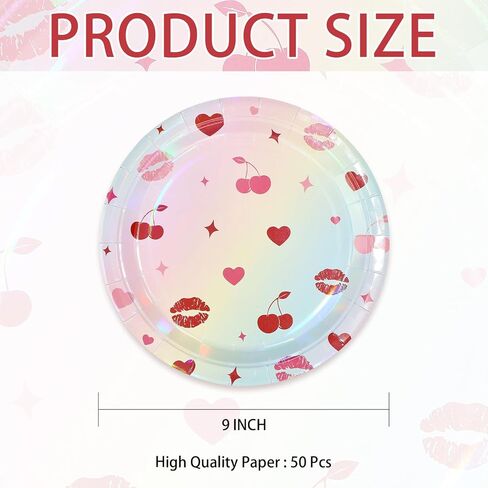 50 Pcs Valentine's Day Paper Plates 9" Heart Cherry Dessert Plates Disposable Red Pink Lucky in Love Party Supplies for Valentines Day Wedding Bachelorette Birthday Party Decorations in Saudi Arabia