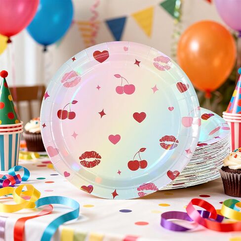 50 Pcs Valentine's Day Paper Plates 9" Heart Cherry Dessert Plates Disposable Red Pink Lucky in Love Party Supplies for Valentines Day Wedding Bachelorette Birthday Party Decorations in Saudi Arabia