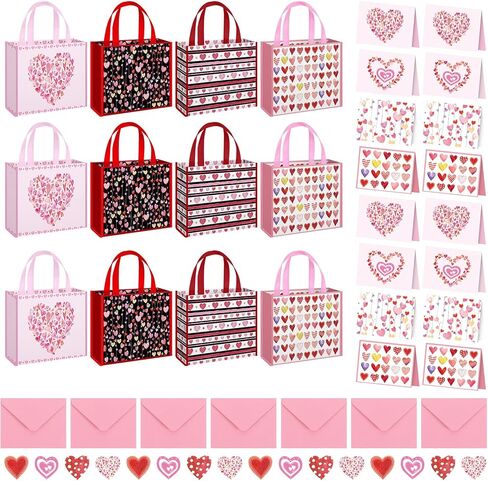 TecUnite 12 Set/ 48 Pcs Galentine's Day Gift Bag with Greeting Cards Include 12 Non-woven Galentines Goodie Bags with Handle 12 Love Heart Cards Envelope 12 Sticker for Galentines Party Supplies in Saudi Arabia