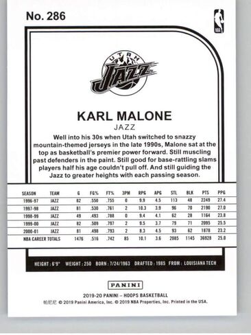 2019-20 Hoops #286 Karl Malone Utah Jazz NBA Basketball Trading Card in Saudi Arabia